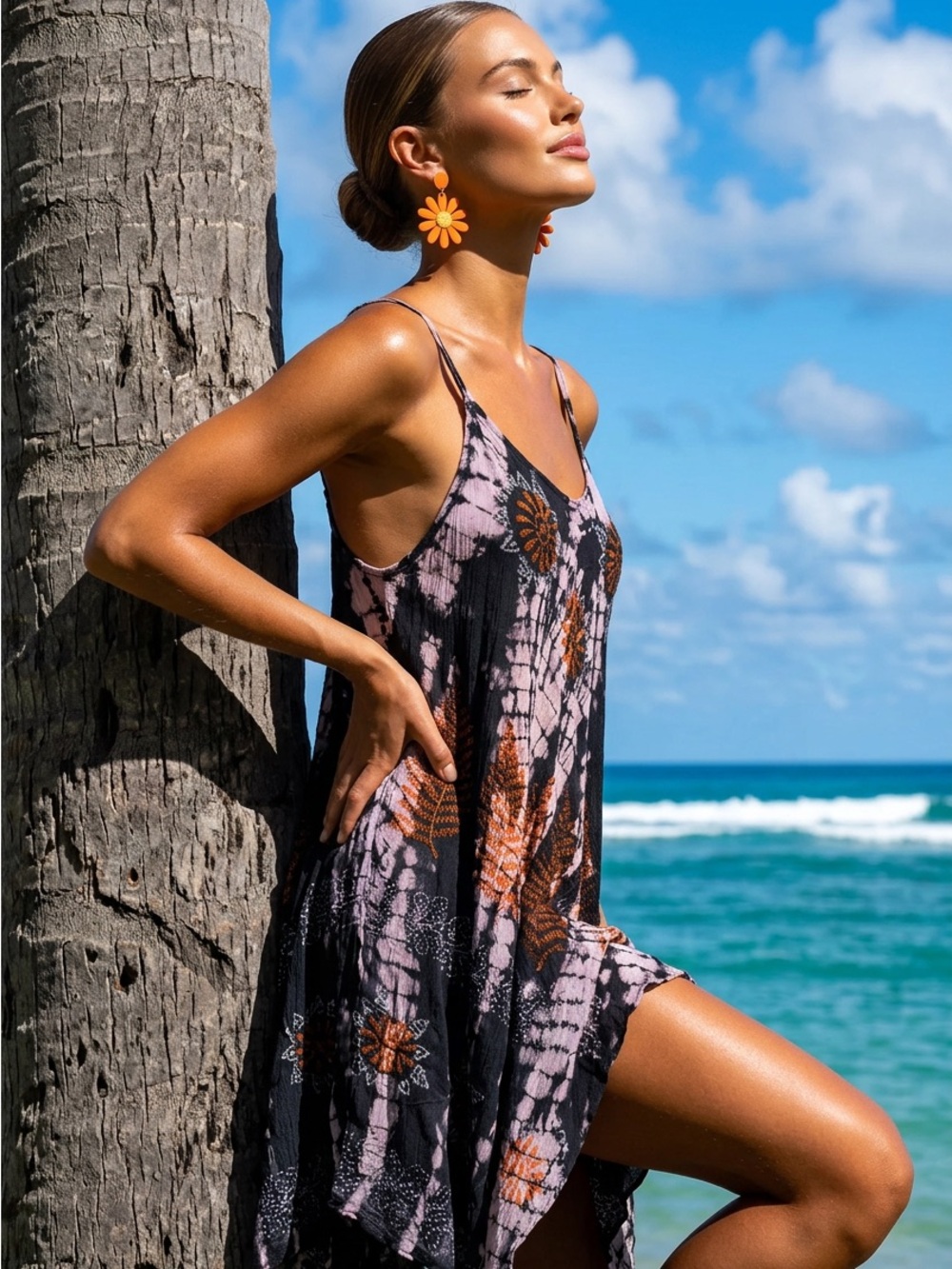 Bohemian Women's Black & Orange Tie-Dye Dress Papa Vancouver